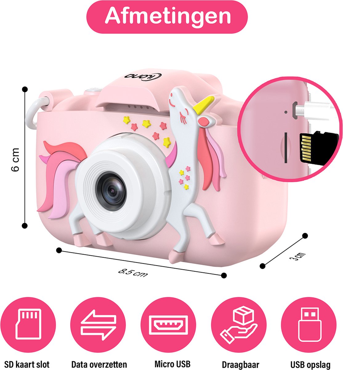 Ilona Kinder Digitale Camera HD 1080p + Sticker Set - Unicorn