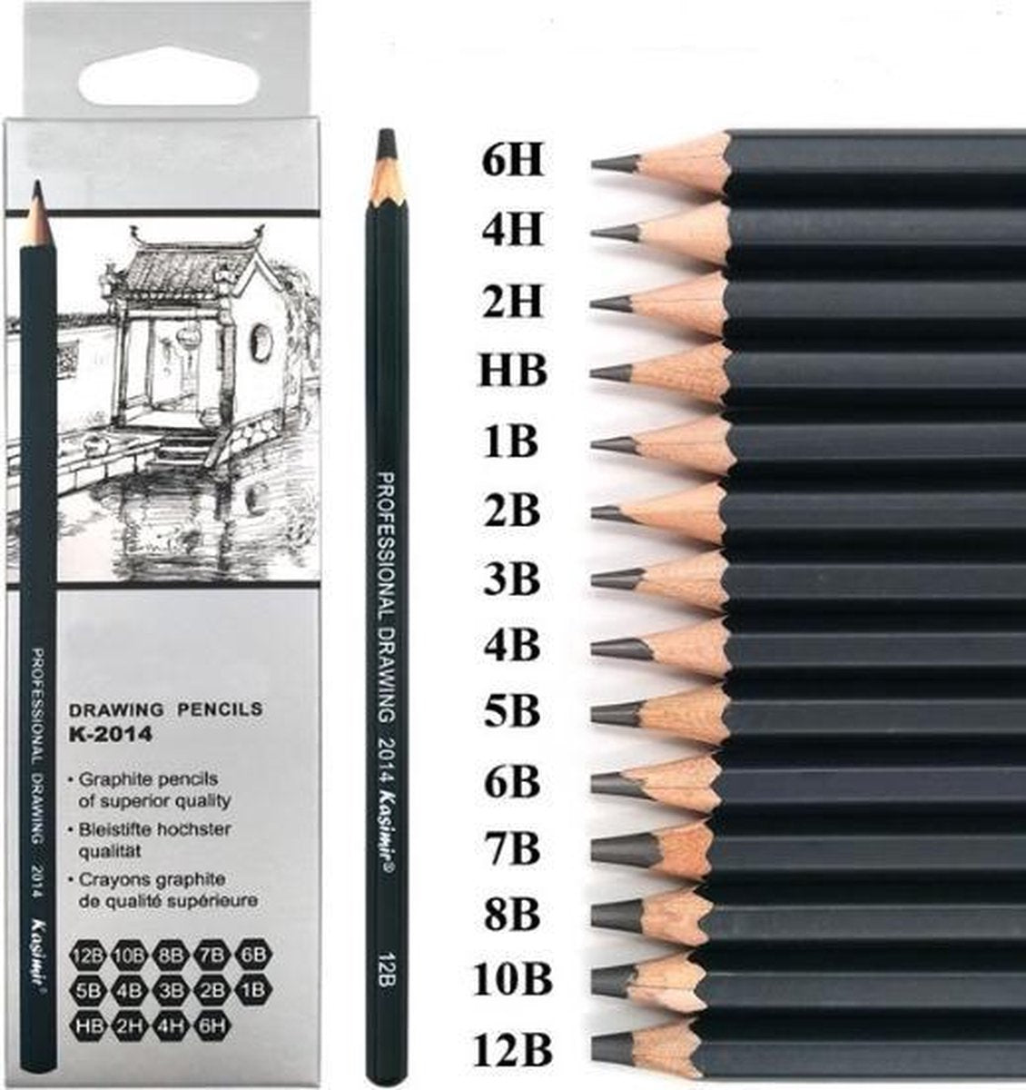 Sans marque Professionele Grafiet- en Schetspotlodenset 14-delig