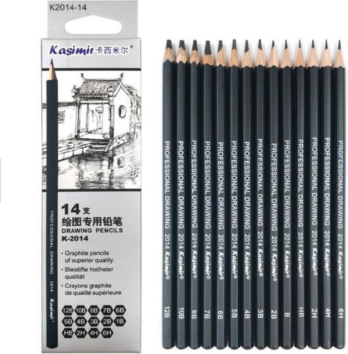 Sans marque Professionele Grafiet- en Schetspotlodenset 14-delig