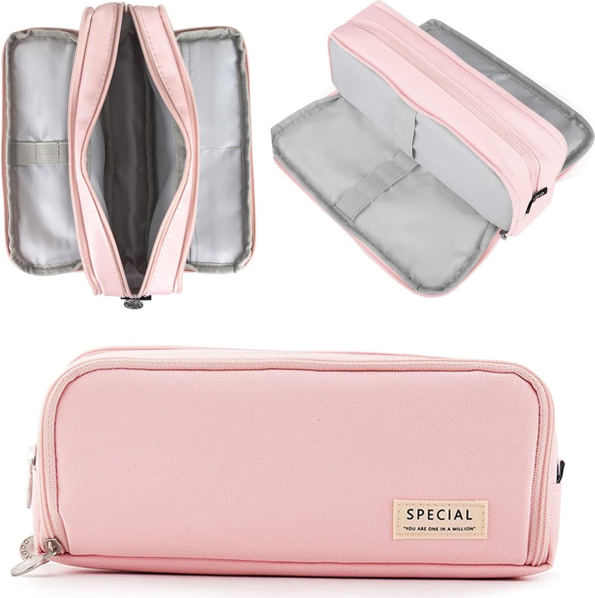 Sans Marque 3-Vaks Pennenetui Roze voor Meisjes & Jongens