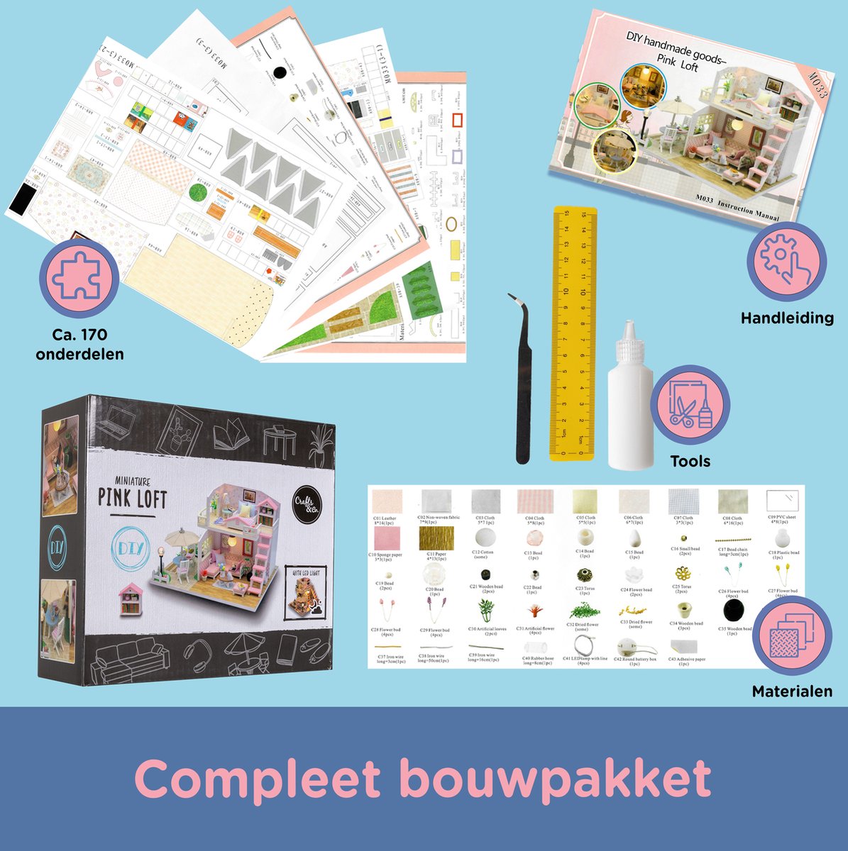 Crafts&Co Miniatuur Poppenhuis Kit - Roze Slaapkamer
