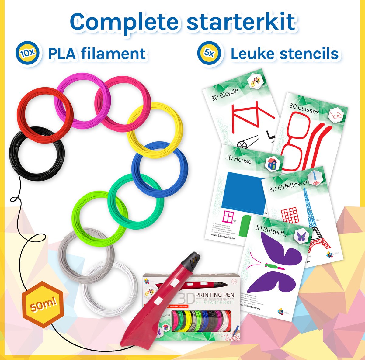 3D&print 3D Pen Startpakket Wit met 50m Filament + 5 Sjablonen