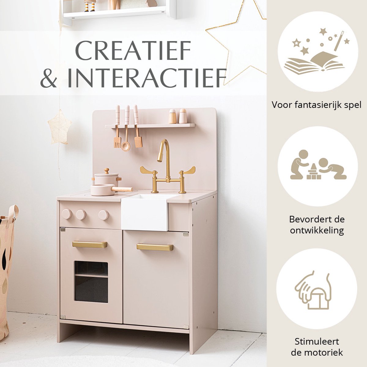 Petite Amelie Houten Speelkeuken met Accessoires - 55 cm - Roze