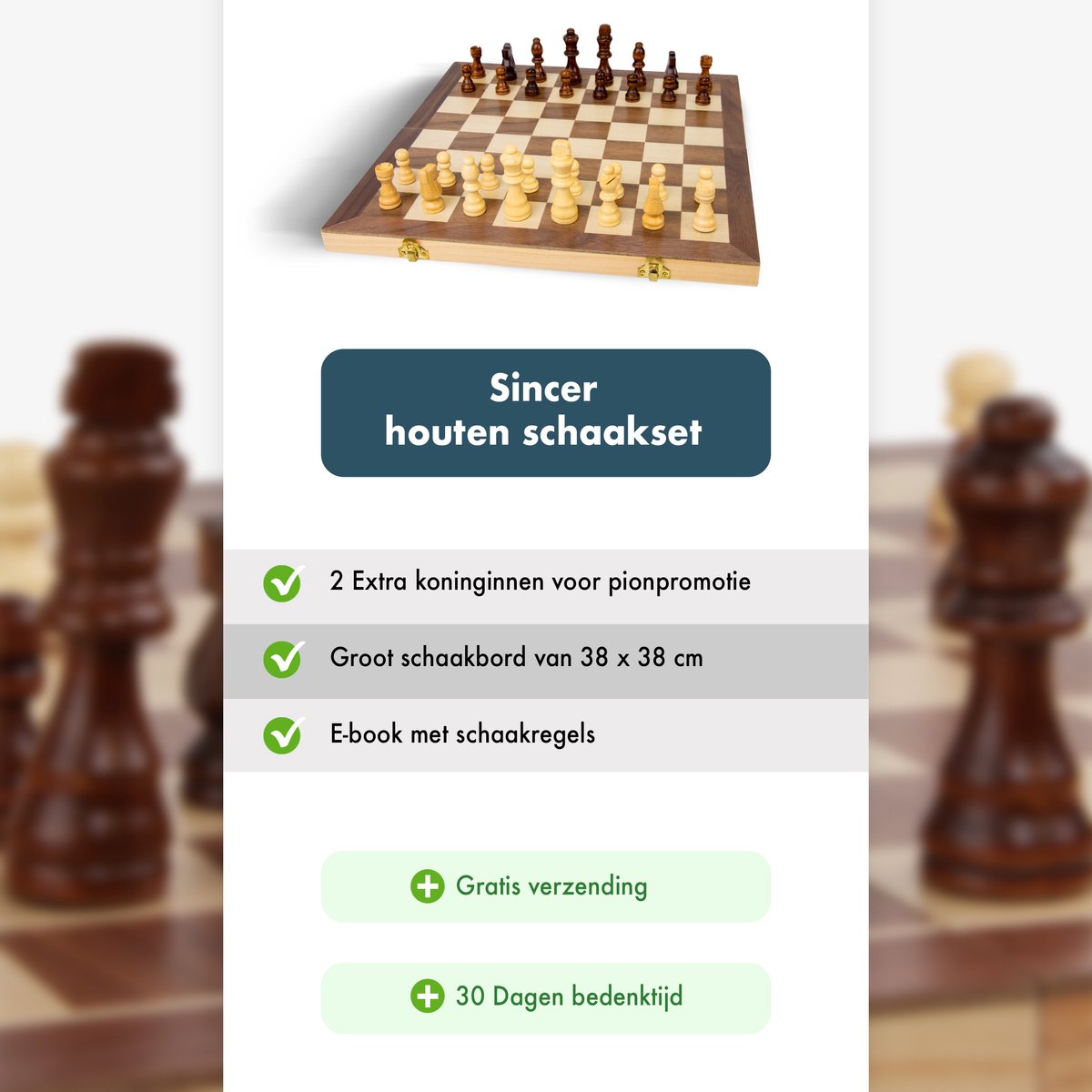 Sincer Houten Schaakset Staunton Inclusief Extra Koninginnen