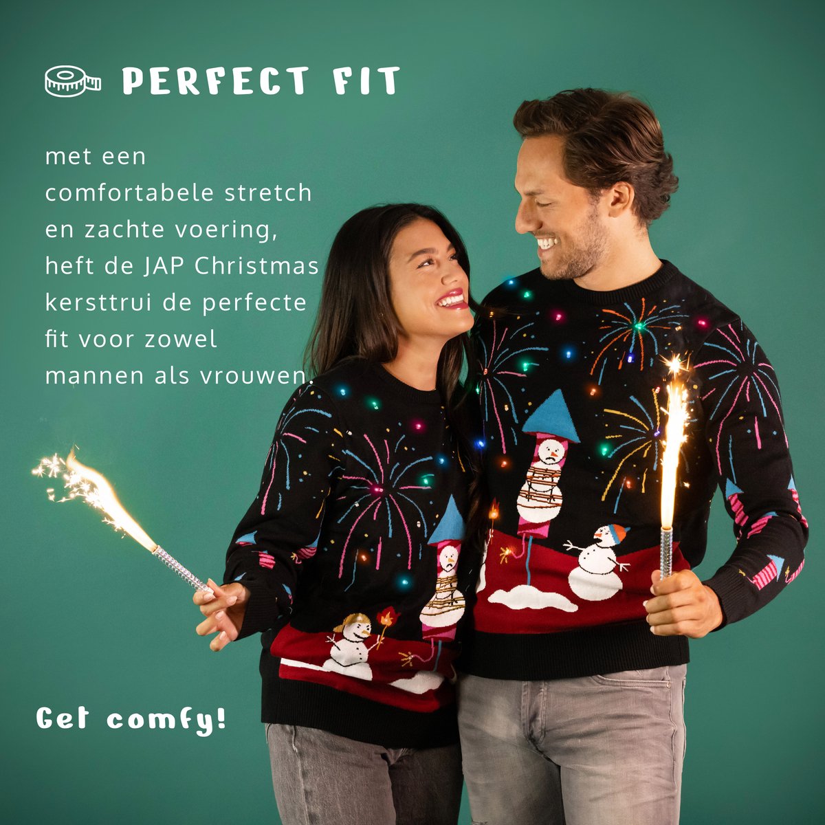 JAP Christmas Lichtgevende Kersttrui (M) - Zwart - 100% Gerecycled
