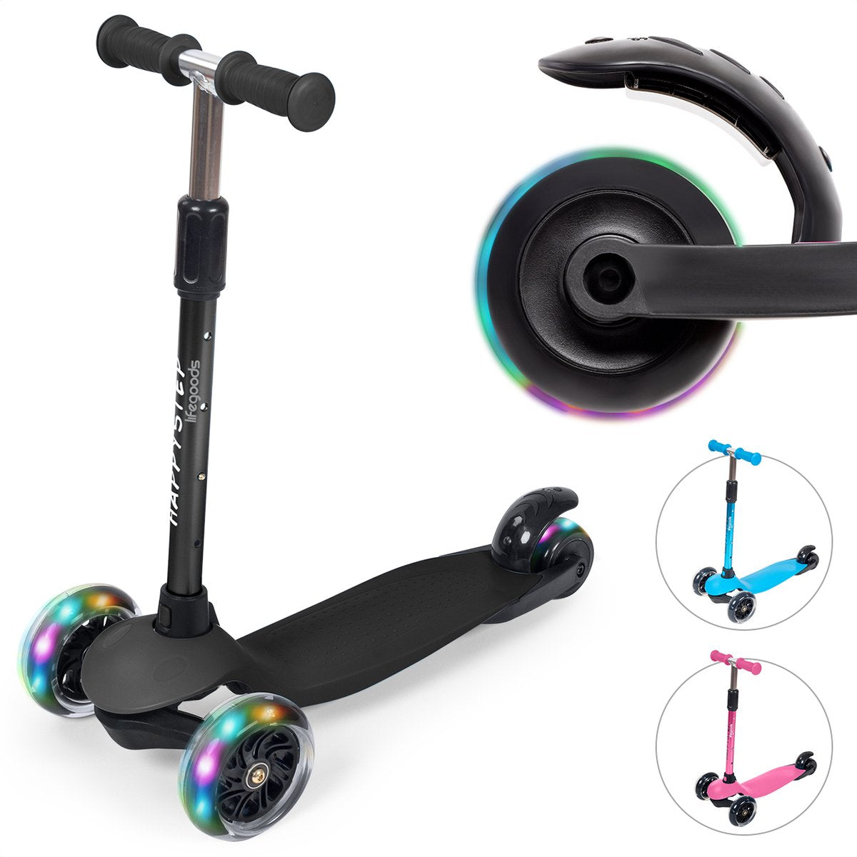 LifeGoods HappyStep Kinderstep met 3 Verlichte Wielen - 3-5 Jaar