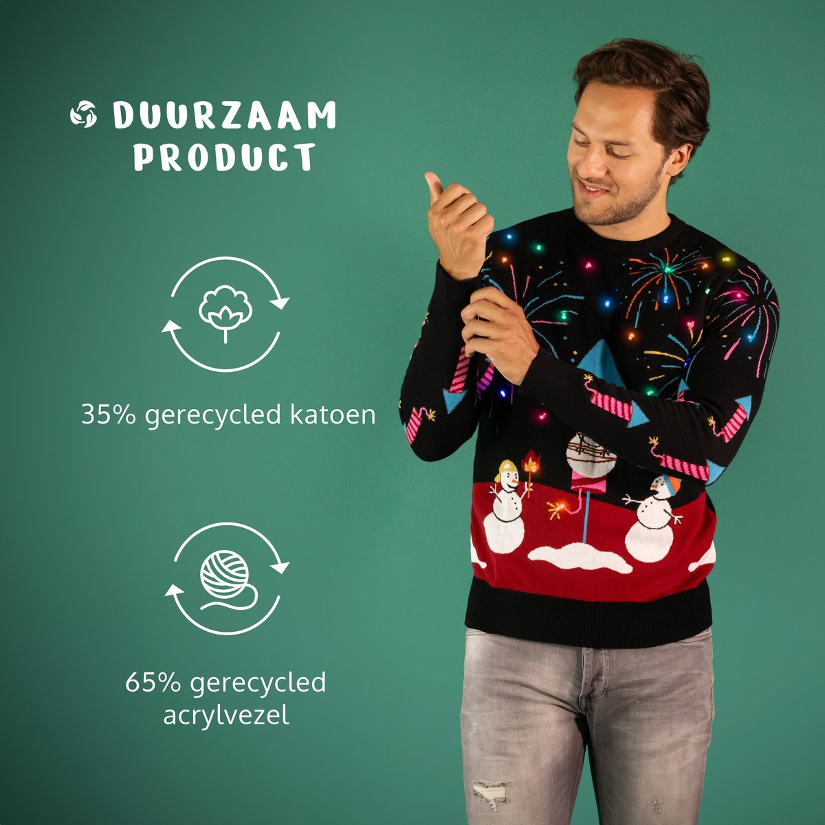 JAP Christmas Lichtgevende Kersttrui (M) - Zwart - 100% Gerecycled