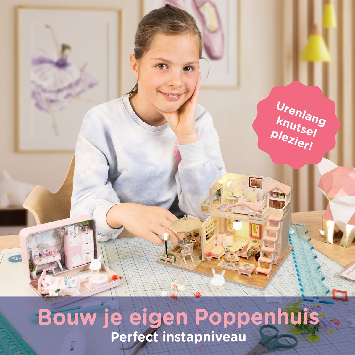 Crafts&Co Miniatuur Poppenhuis Kit - Roze Slaapkamer