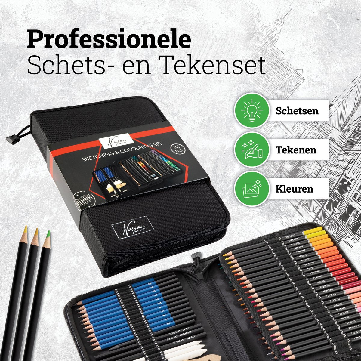 Nassau Fine Art Schets- en Tekenkit 96-delig met Etui
