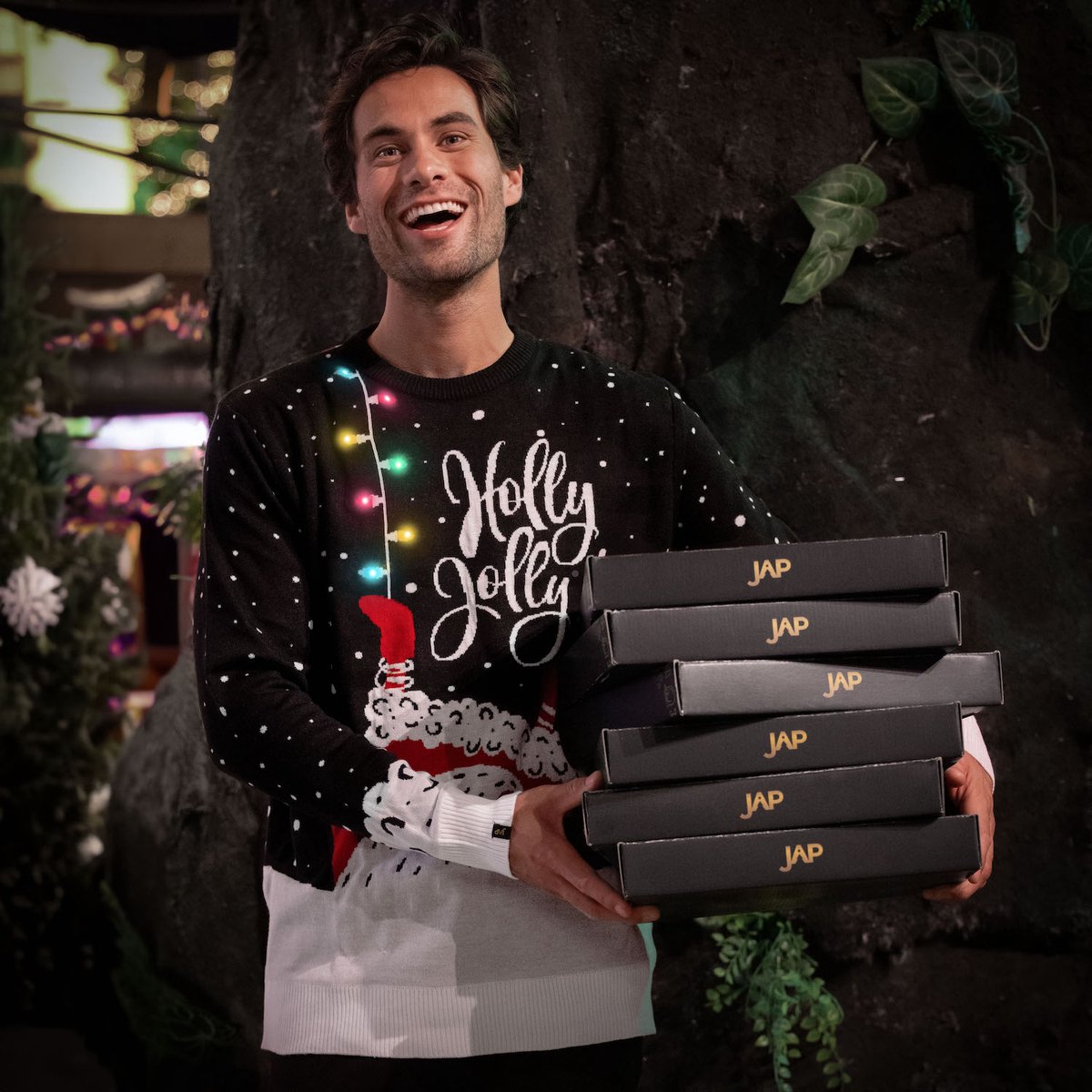 JAP Christmas Holly Jolly Kersttrui met Lichtjes - M - Zwart