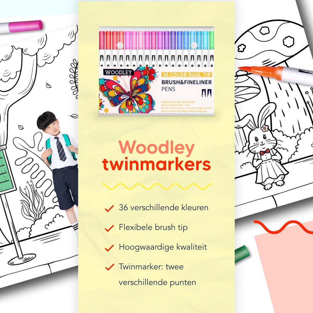 Woodley Dubbele Penseelstiften Set - 36 Kleuren Fineliners