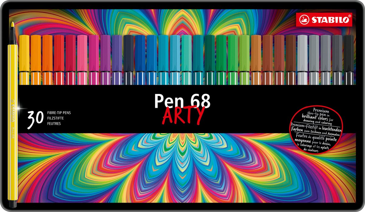 STABILO Pen 68 Set van 30 Viltstiften in Metalen Etui