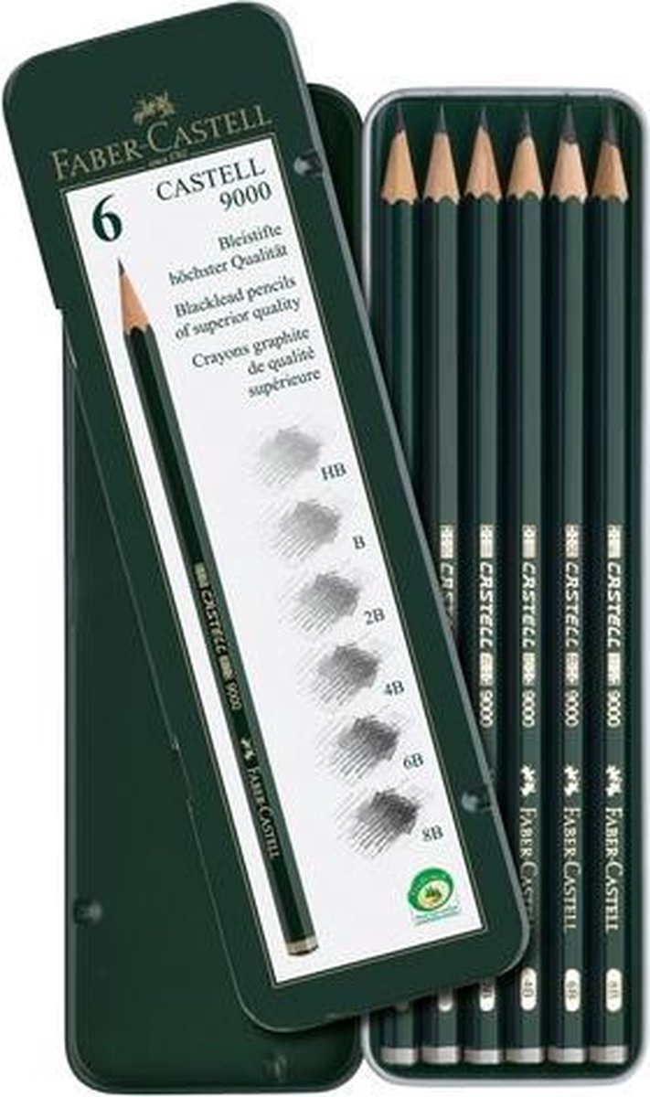Faber-Castell 9000 Grafietpotloden in Blik - Set van 6