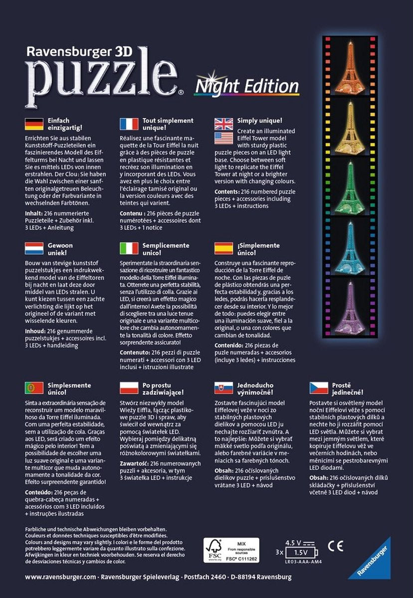 Ravensburger Eiffeltoren bij Nacht 3D Puzzel - 216 Stukjes